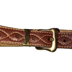 Unisex Small Brown Leather Belt, Uniform Stitching, Solid Brass Buckle, Boho